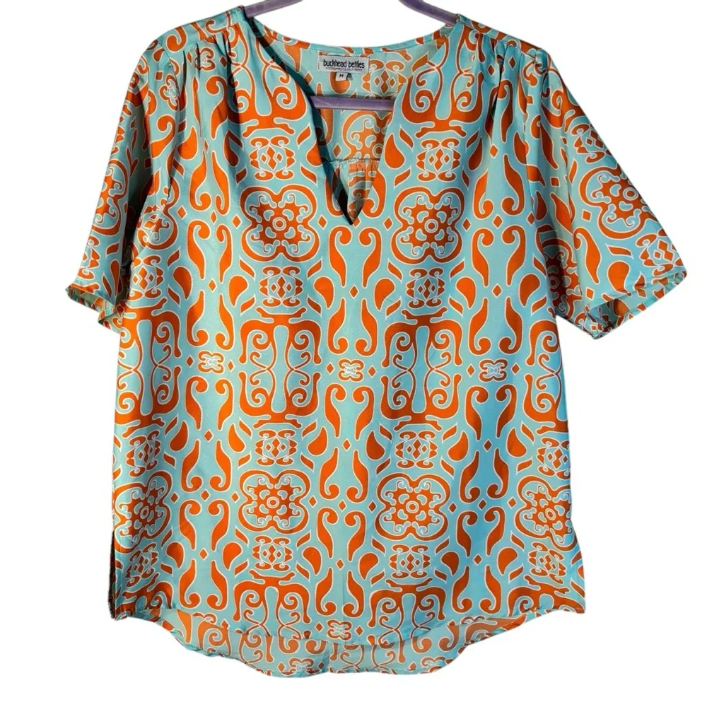 Buckhead Betties V-Neck Teal & Coral Blouse Size Medium - Picture 1 of 8